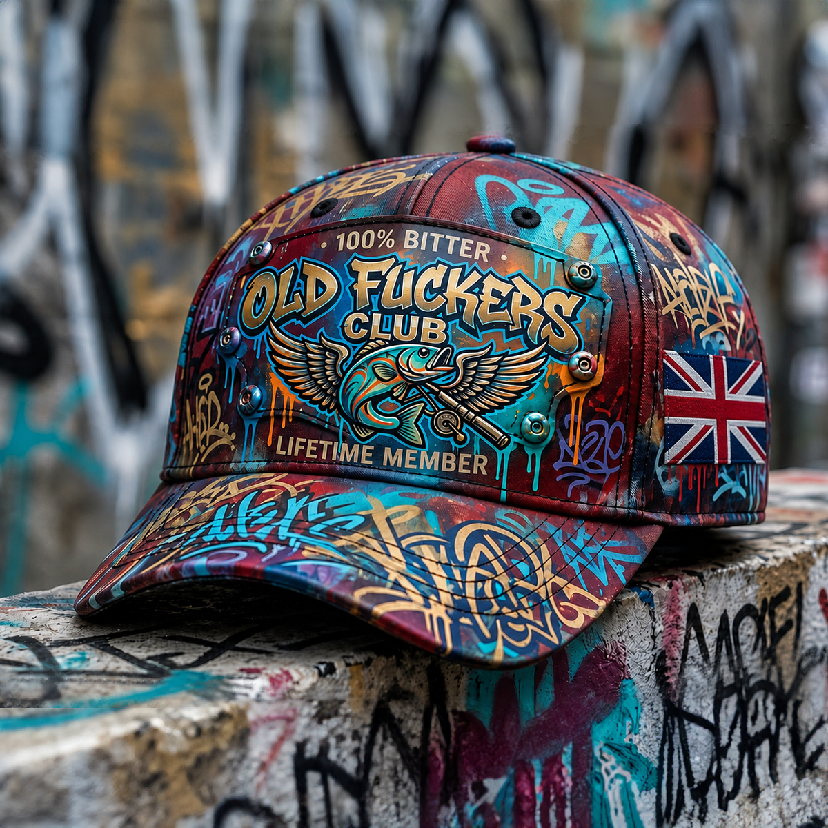 Bitter Old Fuckers Club Lifetime Member Printed Fishing Trucker Cap UK Flag Gift for Dad Father's Day Bass Fishing Hat