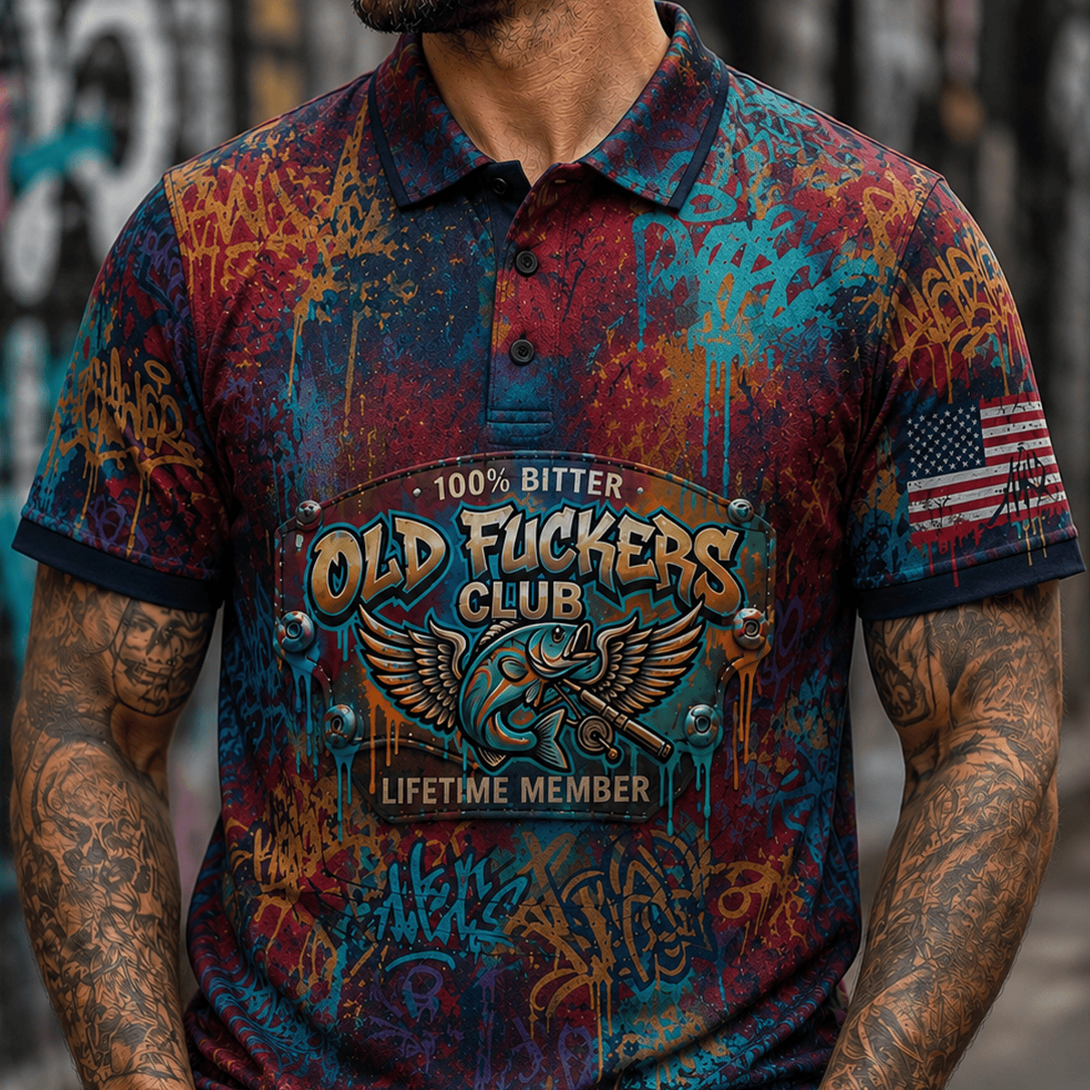Bitter Old Fuckers Club Lifetime Member Printed Fishing Polo Shirt American Flag Gift for Dad Father's Day Bass Fishing Tee