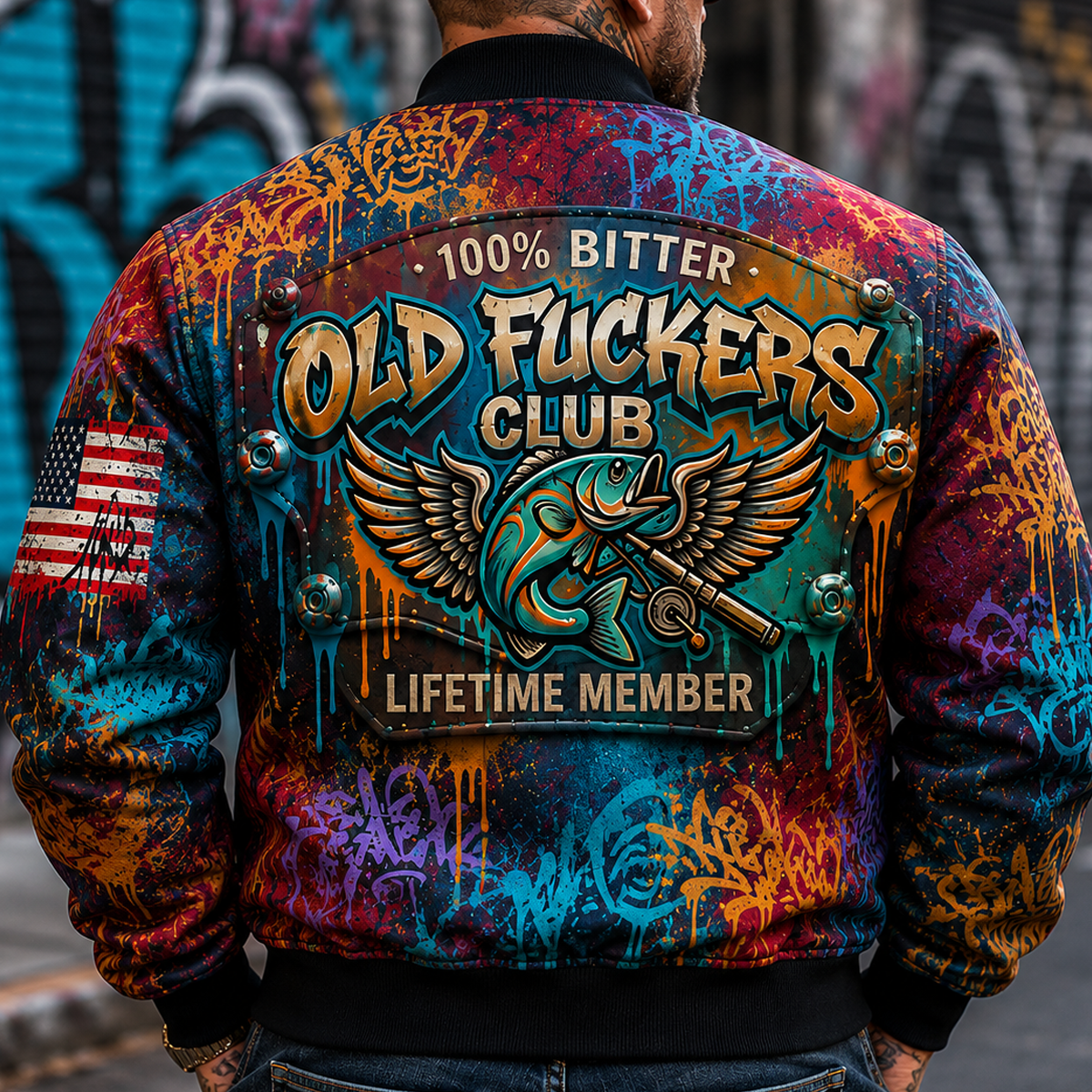 Bitter Old Fuckers Club Lifetime Member Printed Fishing Bomber Jacket American Flag Gift for Dad Father's Day Bass Fishing Coat