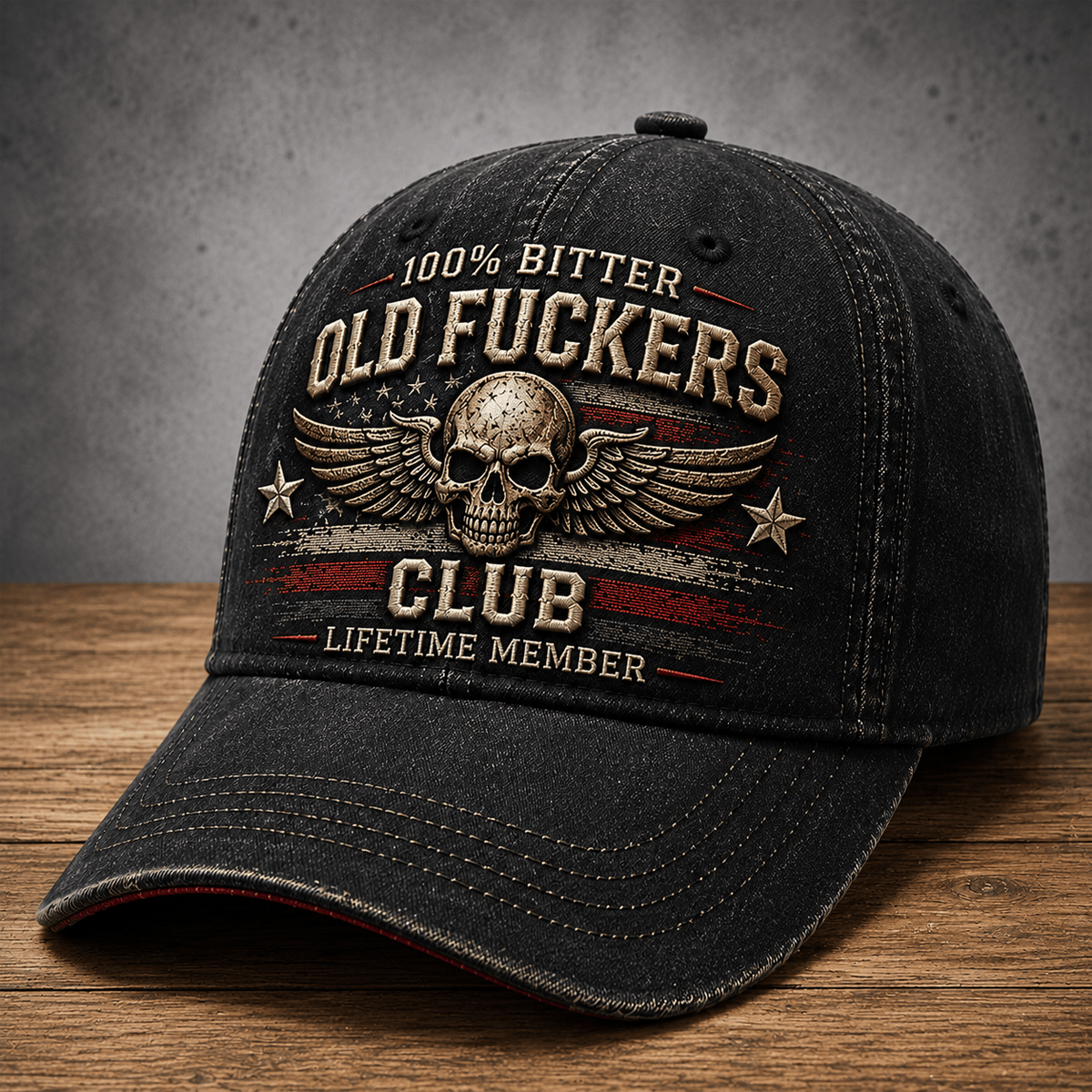 Bitter Old Fuckers Club Lifetime Member Printed Hat Skull Wings American Flag Veteran Cap Funny Gift for Dad Grandpa Husband Birthday