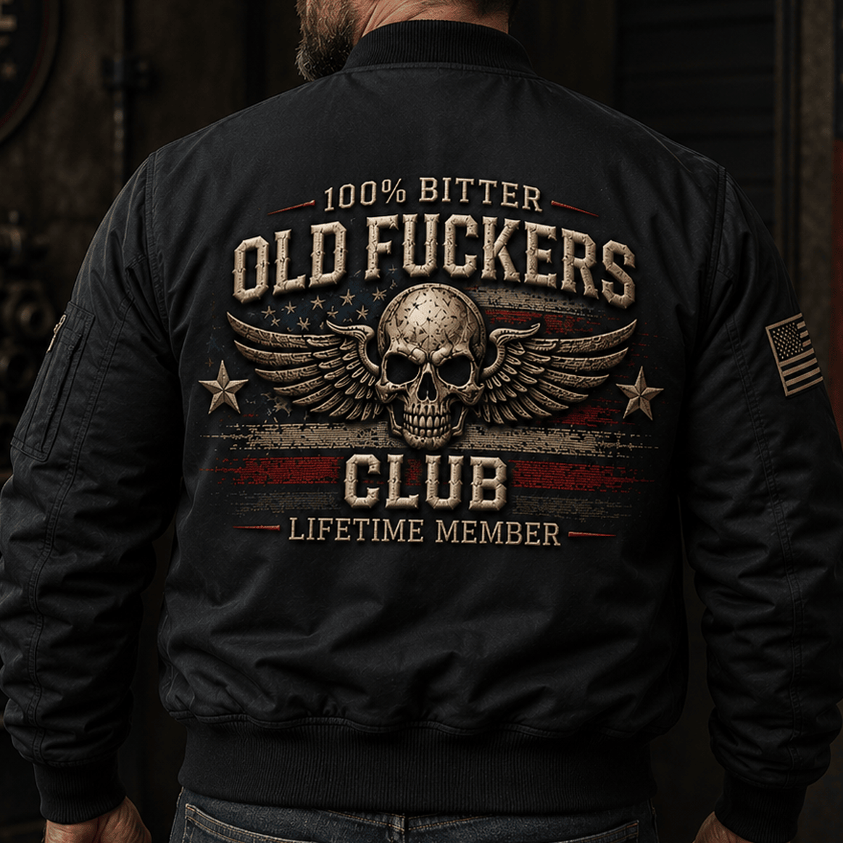 Bitter Old Fuckers Club Lifetime Member Printed Bomber Jacket Skull Wings American Flag Veteran Patriotic Gift for Dad Grandpa Husband