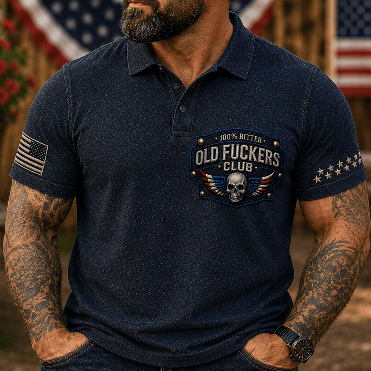 Bitter Old Fuckers Club Printed Polo Shirt Vintage Skull American Flag Patriotic Shirt for Men Biker Motorcycle Rider Veteran Gift