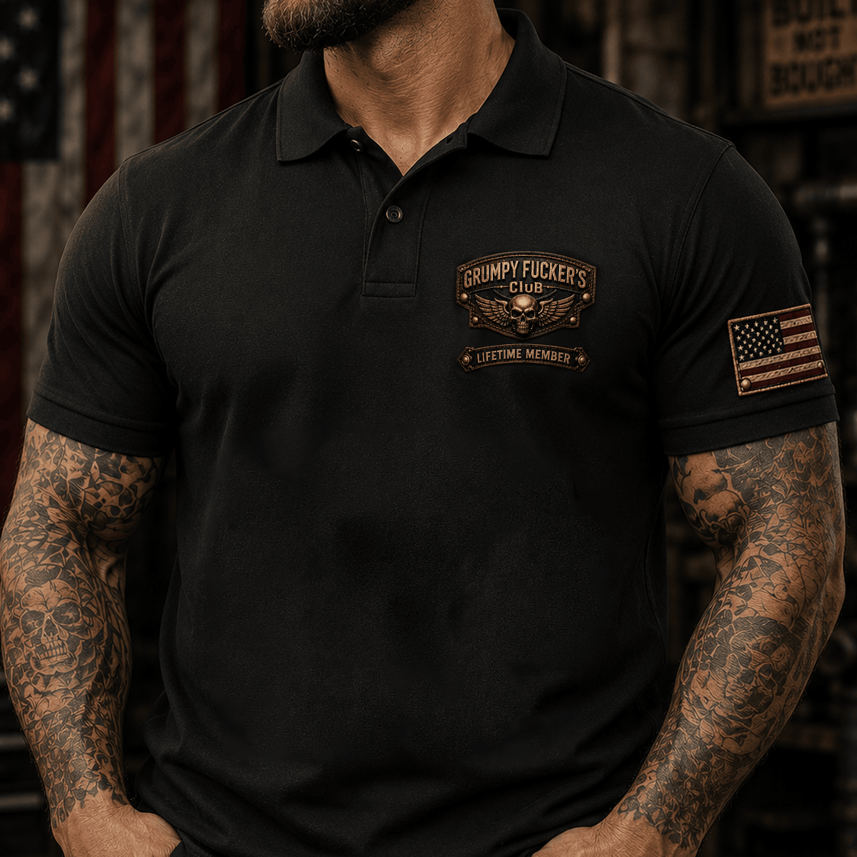 Grumpy Fucker's Club Lifetime Member Printed Polo Shirt Vintage Skull Graphic Polo for Men Biker Motorcycle Rider Patriotic Gift