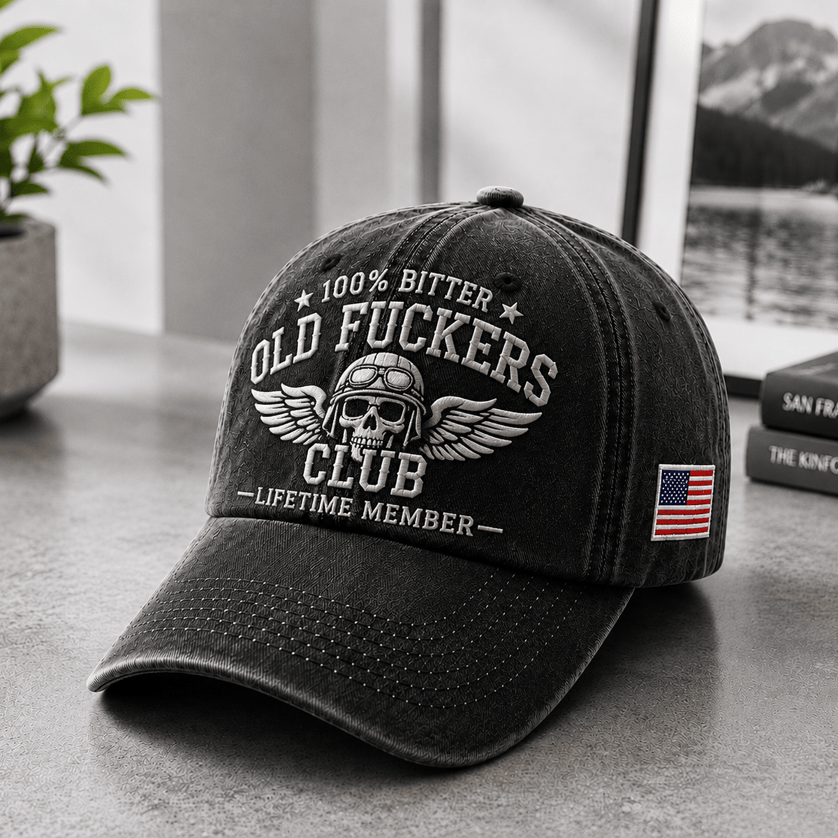 Old Fuckers Club Lifetime Member Printed Cap for Bikers Skull Wing Motorcycle Hat Vintage Trucker Hat Gift for Dad Grandpa Riders