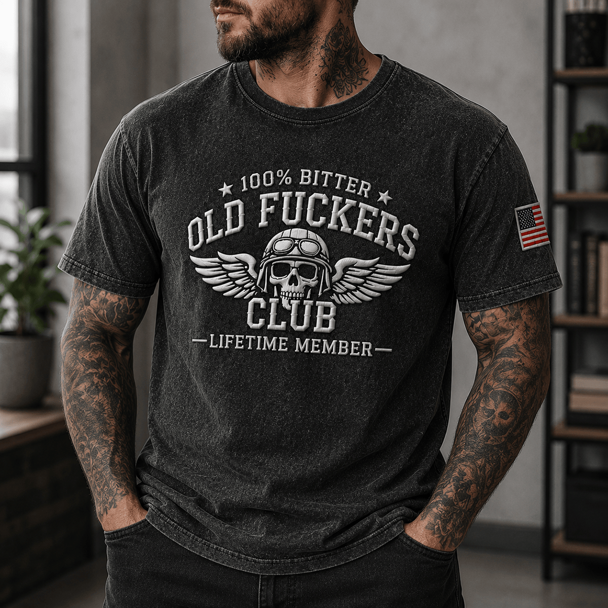 Old Fuckers Club Lifetime Member Printed T Shirt Skull Wing Motorcycle Shirt Vintage Biker Tee Gift for Dad Grandpa Riders Men