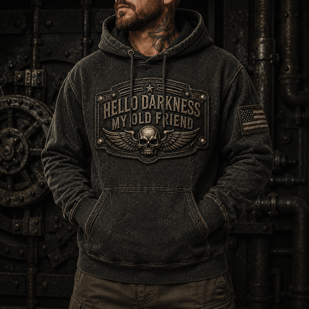 Hello Darkness My Old Friend Printed Hoodie Skull Wing Biker Hoodie Vintage Motorcycle Hoodie Gothic Gift for Men Dad Grandpa Rider