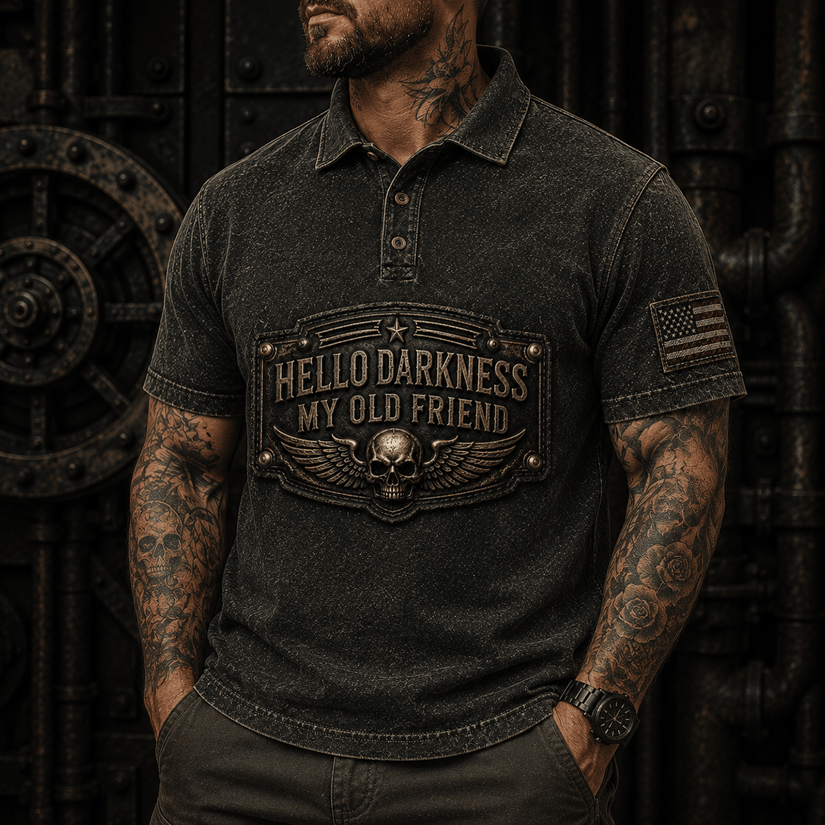 Hello Darkness My Old Friend Printed Polo Shirt Skull Wing Motorcycle Polo Biker Shirt Gothic Riding Gift for Men Dad Grandpa