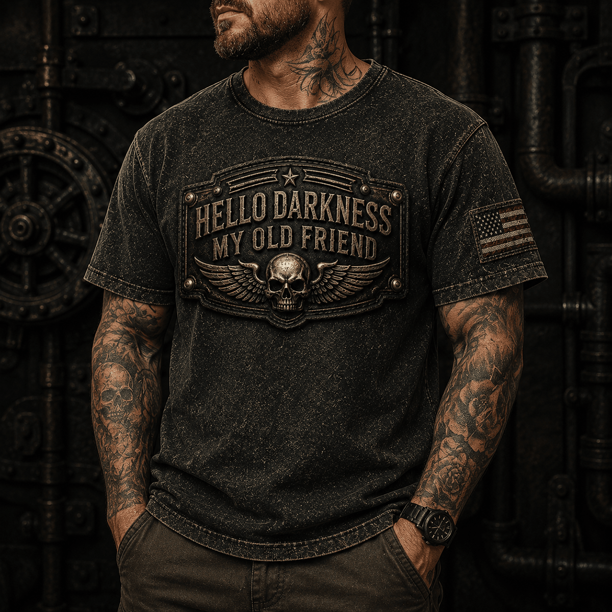 Hello Darkness My Old Friend Printed T Shirt Skull Wing Motorcycle Tee Gothic Biker Shirt Vintage Gift for Men Dad Grandpa Rider