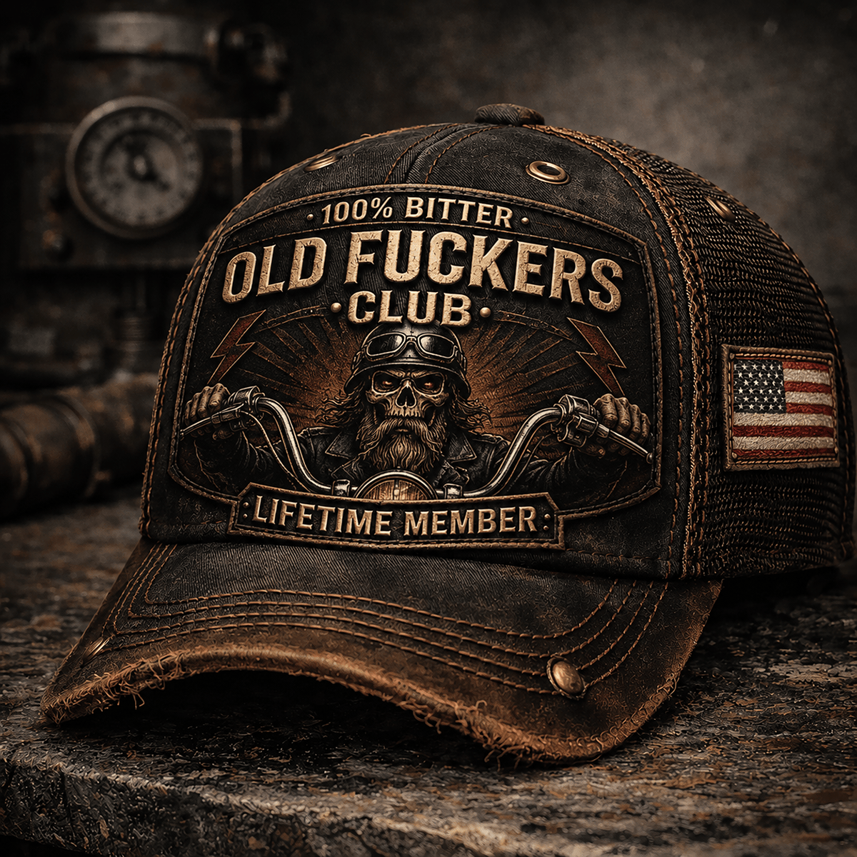 Old Fuckers Club Lifetime Member Printed Cap Vintage Biker Hat Skull Motorcycle Trucker Cap Gift for Dad Grandpa Riders Motorcycle Lovers
