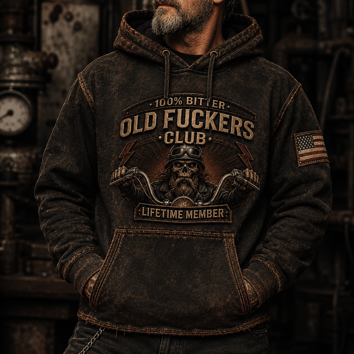 Old Fuckers Club Lifetime Member Printed Hoodie Vintage Biker Skull Motorcycle Hoodie Gift for Dad Grandpa Rider Motorcycle Enthusiasts