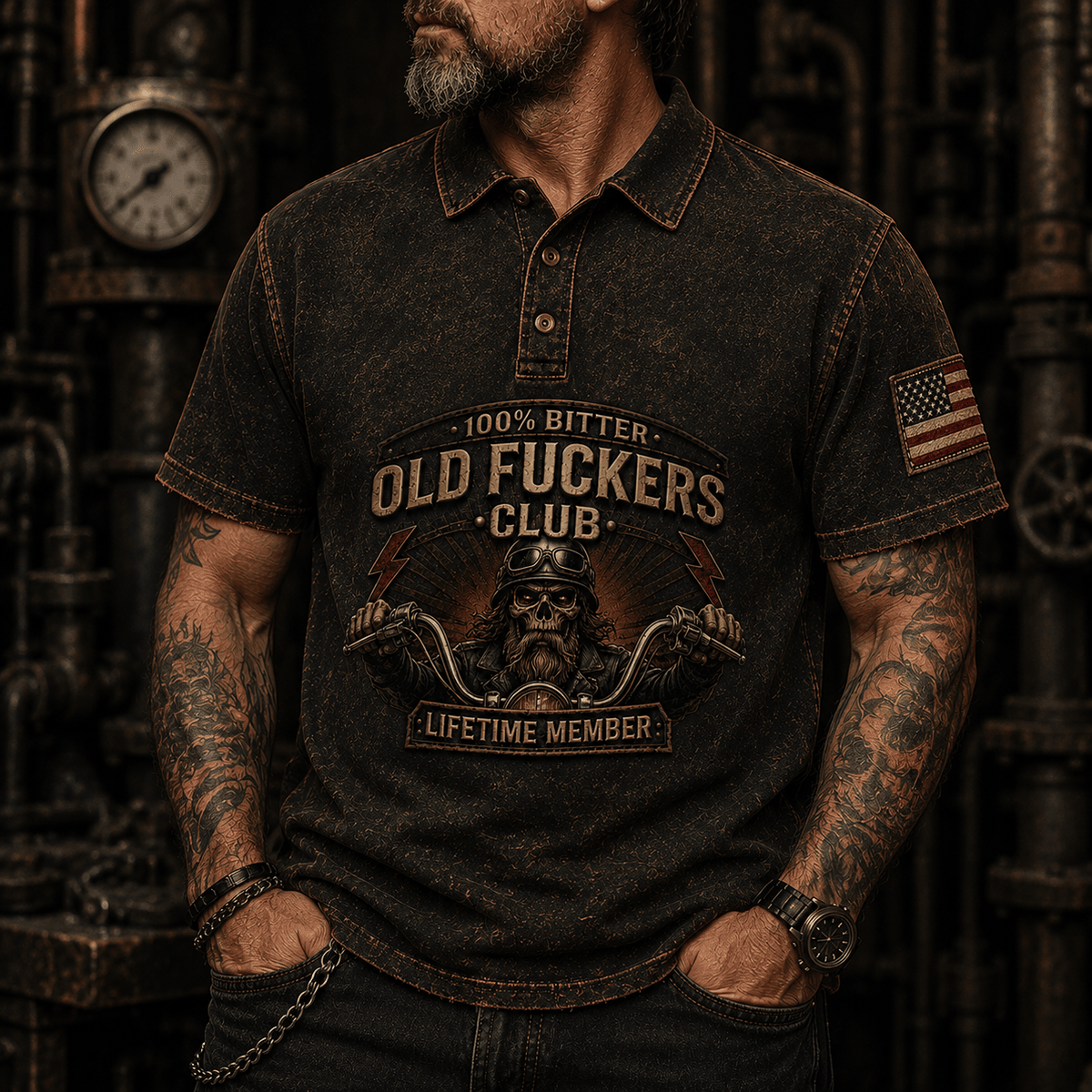 Old Fuckers Club Lifetime Member Printed Polo Shirt Skull Motorcycle Biker Polo Gift for Dad Grandpa Riders Motorcycle Enthusiasts
