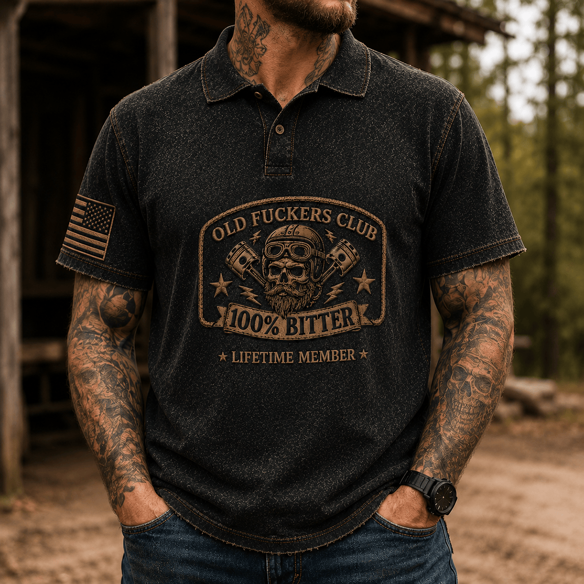 Old Fuckers Club Lifetime Member Printed Polo Shirt Skull Piston Motorcycle Polo Biker Gift for Dad Grandpa Motorcycle Enthusiasts