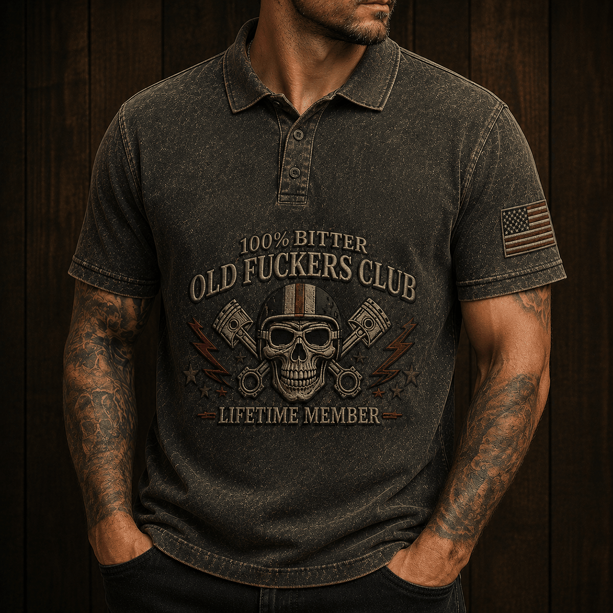 Old Fuckers Club Lifetime Member Printed Polo Shirt Vintage Skull Piston Motorcycle Polo Biker Gift for Dad Grandpa Motorcycle Enthusiasts