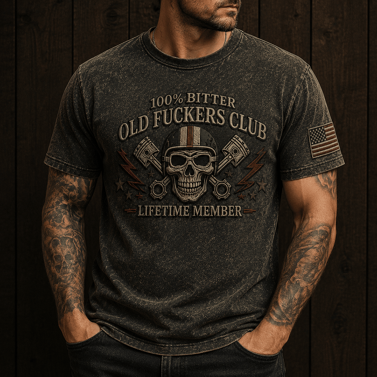 Old Fuckers Club Lifetime Member Printed T Shirt Vintage Skull Piston Motorcycle Tee Biker Gift for Dad Grandpa Motorcycle Enthusiasts