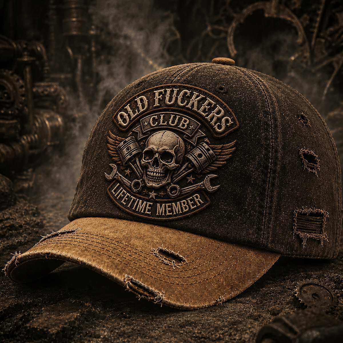 Old Fuckers Club Lifetime Member Printed Vintage Cap for Mechanics Skull Piston Wrench Trucker Hat Garage Worker Gift Distressed Style