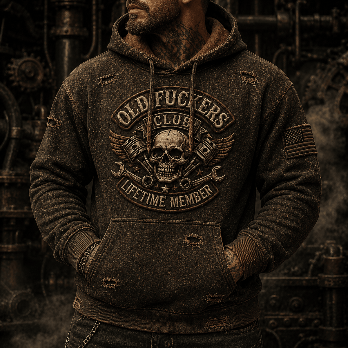 Old Fuckers Club Lifetime Member Printed Hoodie for Mechanics Skull Piston Graphic Heavy Blend Pullover Garage Worker Biker Gift for Men