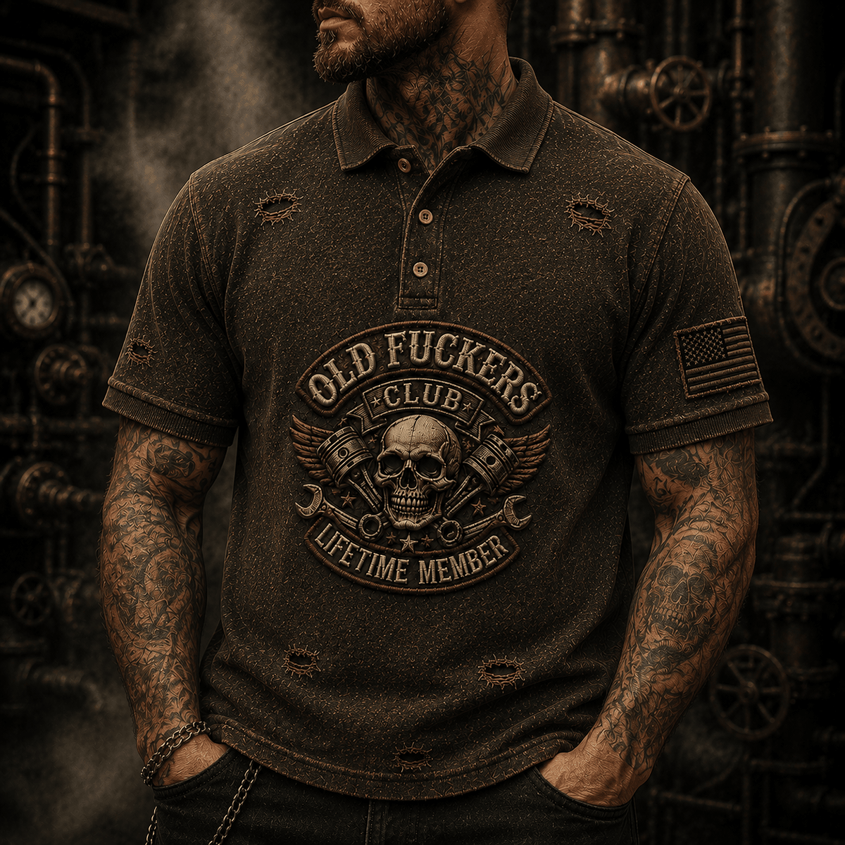 Old Fuckers Club Lifetime Member Printed Polo Shirt for Mechanics Skull Piston Graphic Garage Worker Shop Uniform Gift Short Sleeve Shirt