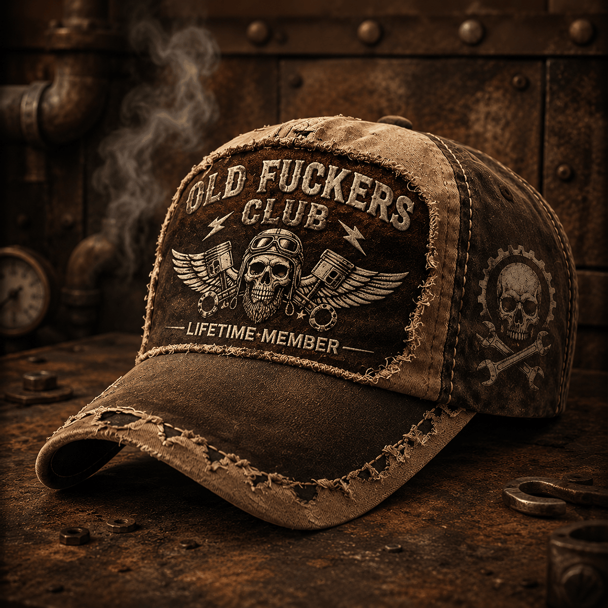 Old Fuckers Club Lifetime Member Printed Vintage Trucker Cap Skull Mechanic Hat with Piston Wings Garage Worker Biker Gift for Men Distressed