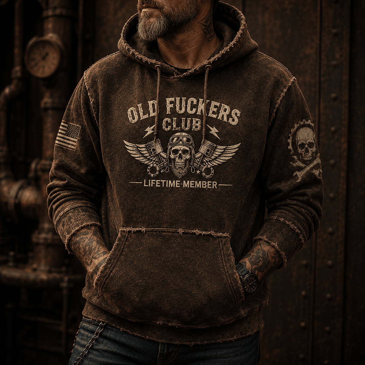 Old Fuckers Club Lifetime Member Printed Hoodie Skull Mechanic Graphic Pullover for Garage Worker Engine Builder Biker Gift Vintage Style