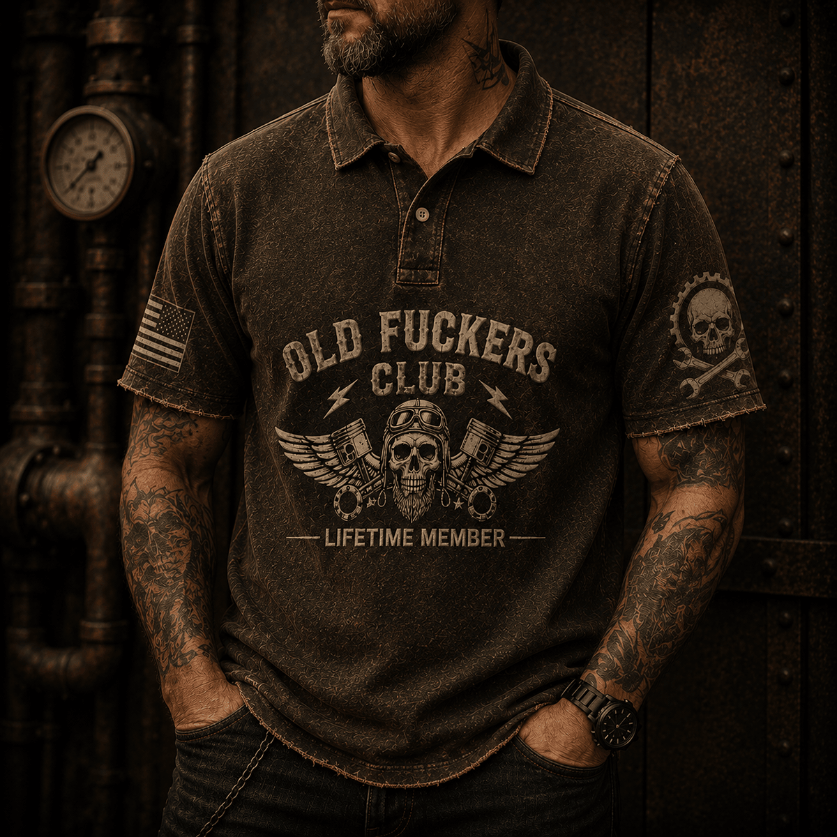 Old Fuckers Club Lifetime Member Printed Polo Shirt Skull Mechanic Graphic with Piston Wings Garage Worker Shop Uniform Biker Gift for Men