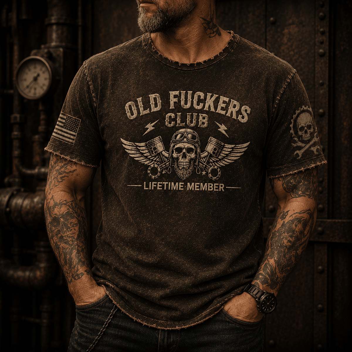 Old Fuckers Club Lifetime Member Printed T Shirt Skull Mechanic Graphic with Piston Wings Garage Worker Biker Gift Vintage Graphic Tee for Men