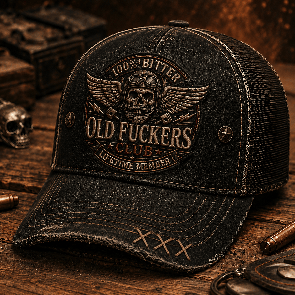 Old Fuckers Club Lifetime Member Printed Vintage Trucker Cap Skull Pilot Mechanic Hat Garage Worker Wrench Piston Graphic Gift for Men