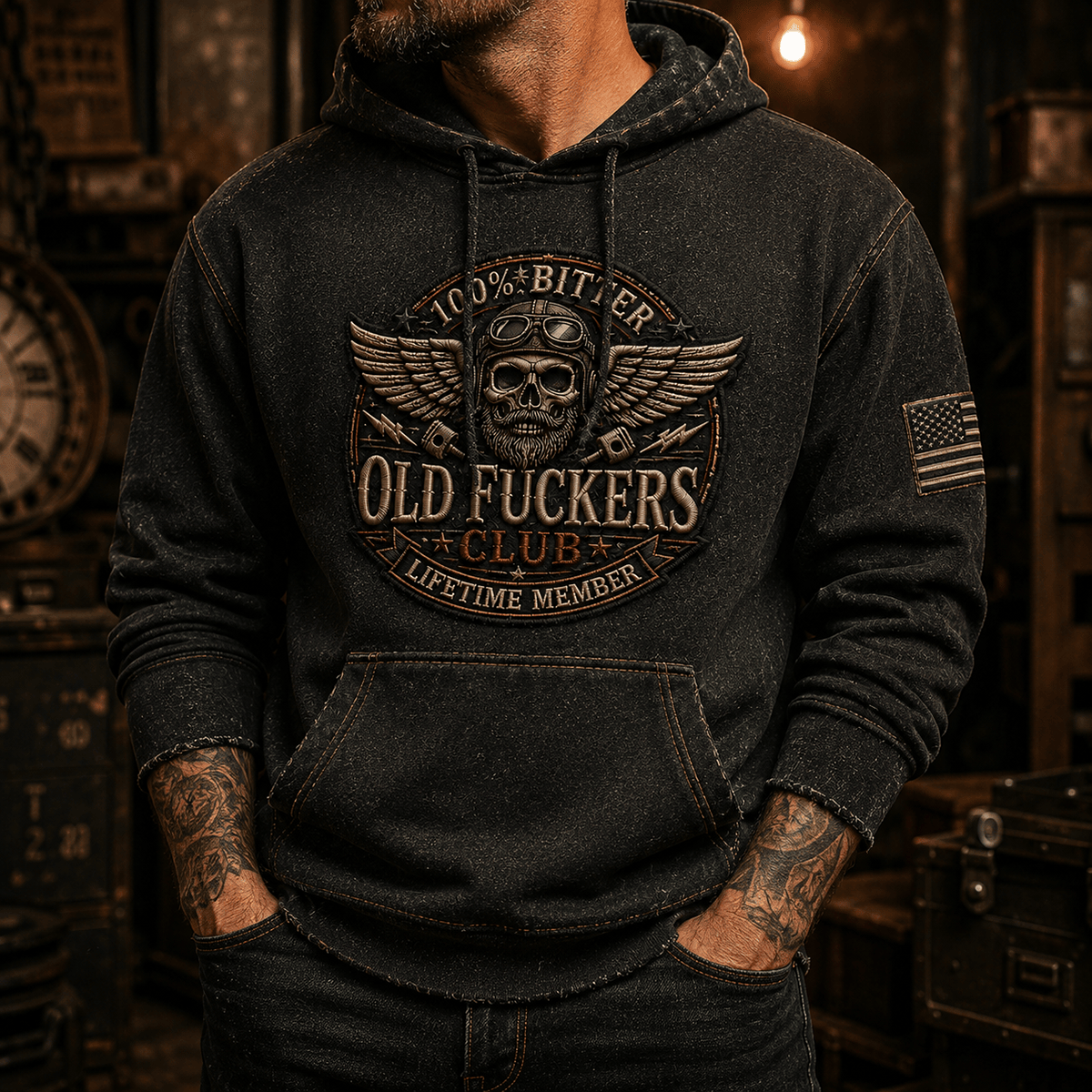 Old Fuckers Club Lifetime Member Printed Hoodie Skull Pilot Mechanic Graphic Pullover Garage Worker Engine Builder Gift for Men Vintage Style