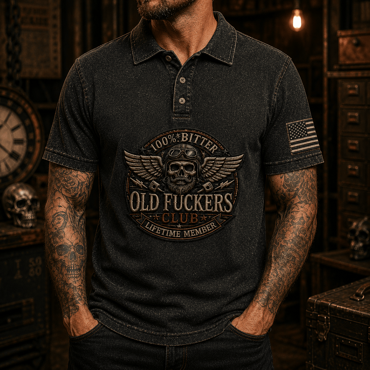 Old Fuckers Club Lifetime Member Printed Polo Shirt Skull Pilot Mechanic Graphic Garage Worker Engine Builder Short Sleeve Gift for Men