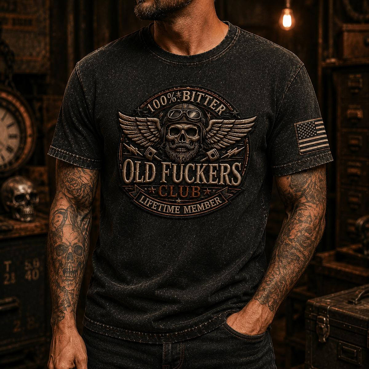 Old Fuckers Club Lifetime Member Printed T Shirt Skull Pilot Mechanic Graphic Garage Worker Engine Builder Vintage Graphic Tee Gift for Men