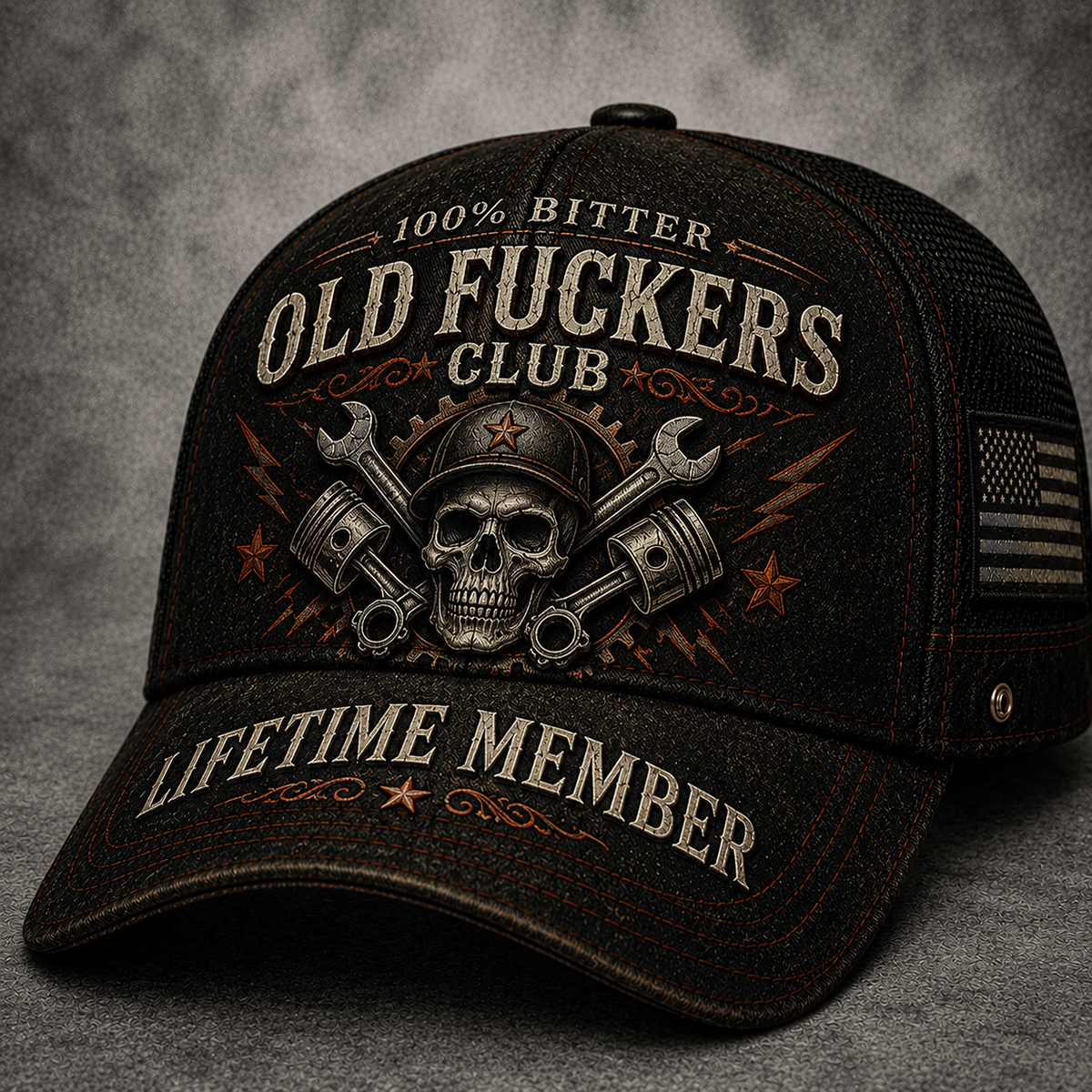 Old Fuckers Club Lifetime Member Printed Vintage Trucker Cap Skull Mechanic Hat with Piston Wrench Garage Worker Gift for Dad Biker Cap