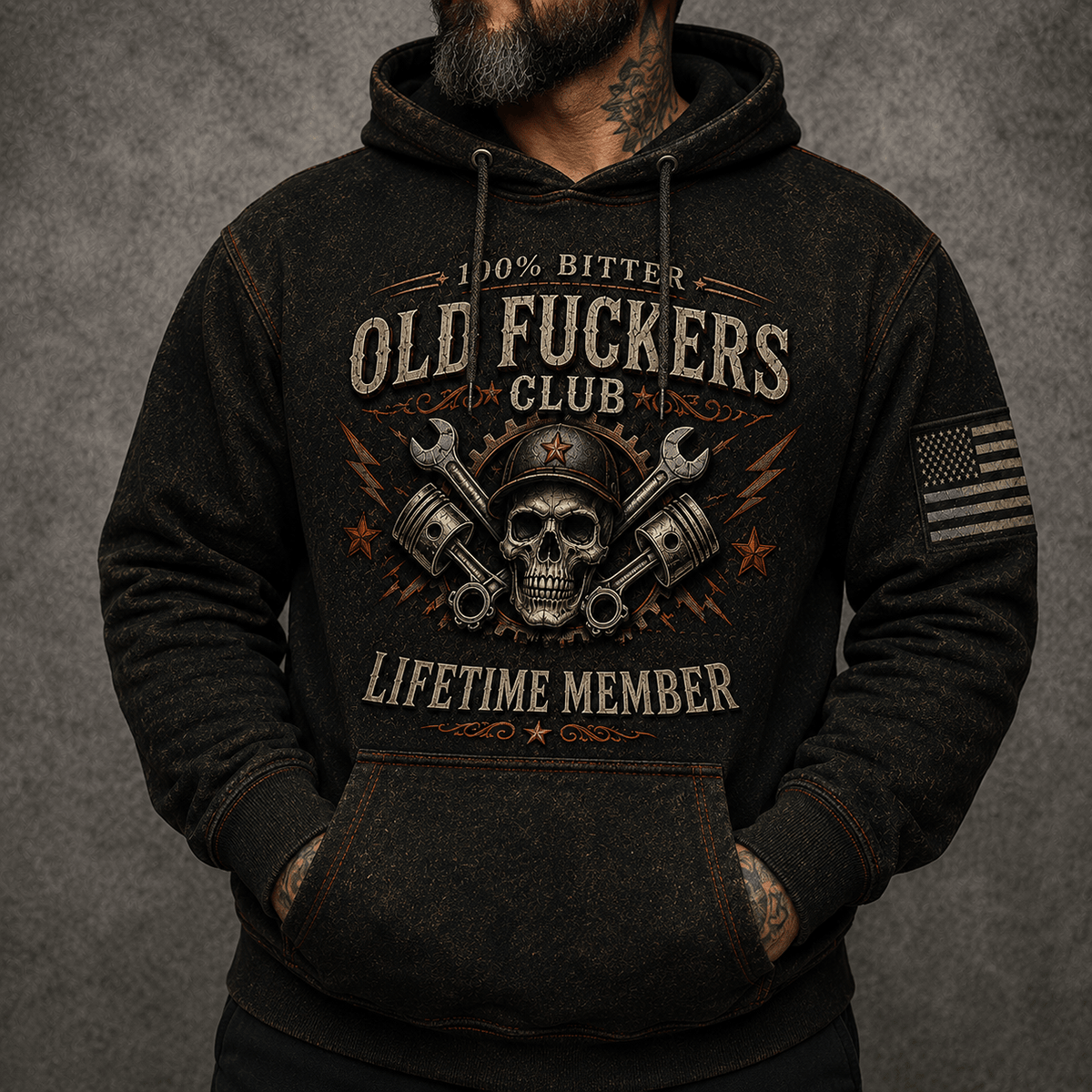 Old Fuckers Club Lifetime Member Printed Hoodie Skull Mechanic Graphic Pullover for Garage Worker Engine Builder Biker Gift Vintage Apparel