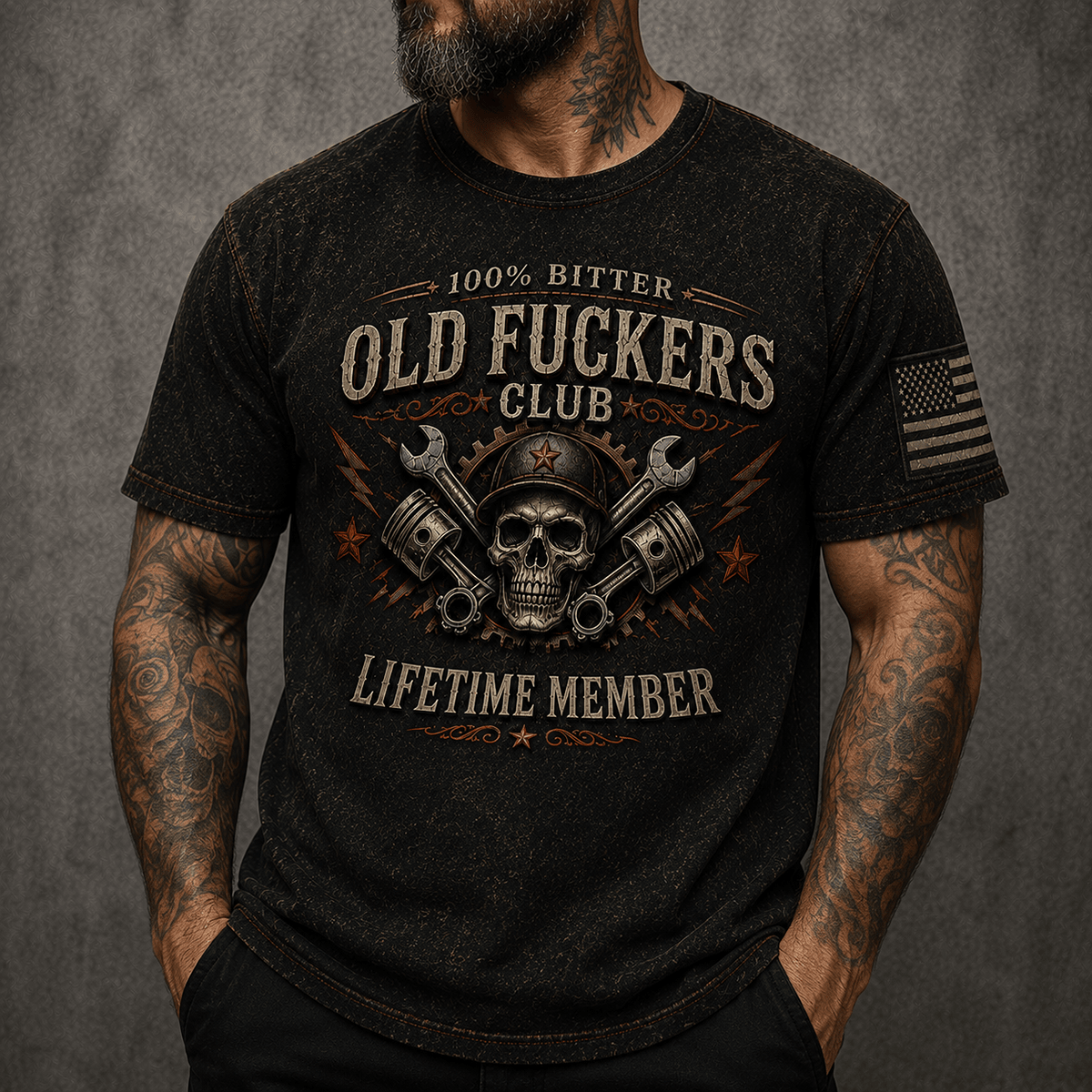 Old Fuckers Club Lifetime Member Printed T Shirt Skull Mechanic Graphic with Piston Wrench Garage Worker Biker Gift Vintage Graphic Tee