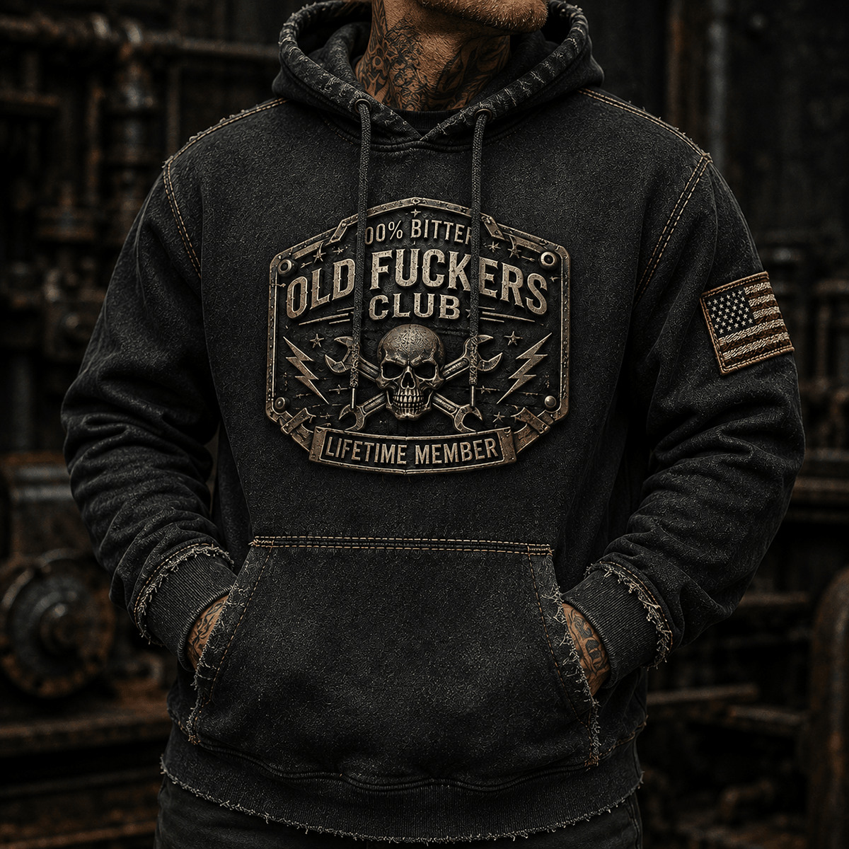 Old Fuckers Club Lifetime Member Printed Hoodie Skull Wrench Mechanic Graphic Pullover Garage Worker Auto Repair Technician Gift for Men