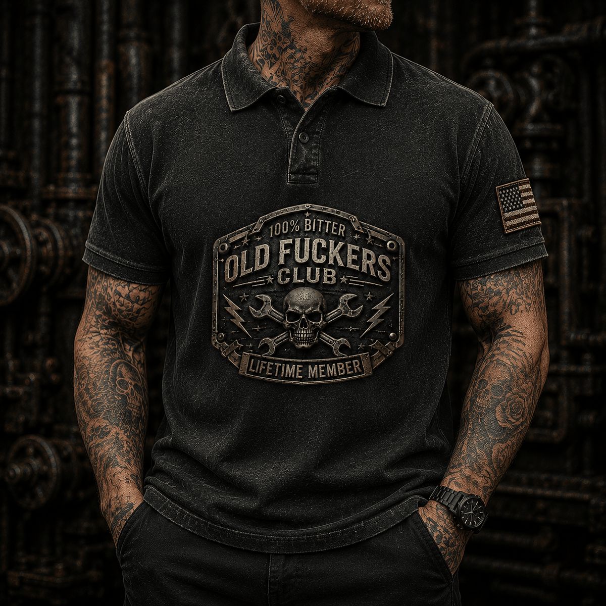 Old Fuckers Club Lifetime Member Printed Polo Shirt Skull Wrench Mechanic Graphic Auto Repair Technician Garage Worker Gift Short Sleeve