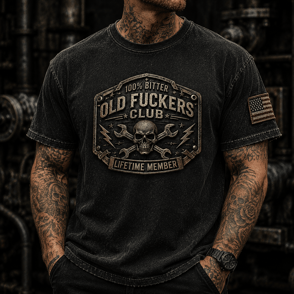 Old Fuckers Club Lifetime Member Printed T Shirt Skull Wrench Mechanic Graphic Auto Repair Technician Garage Worker Gift Graphic Tee
