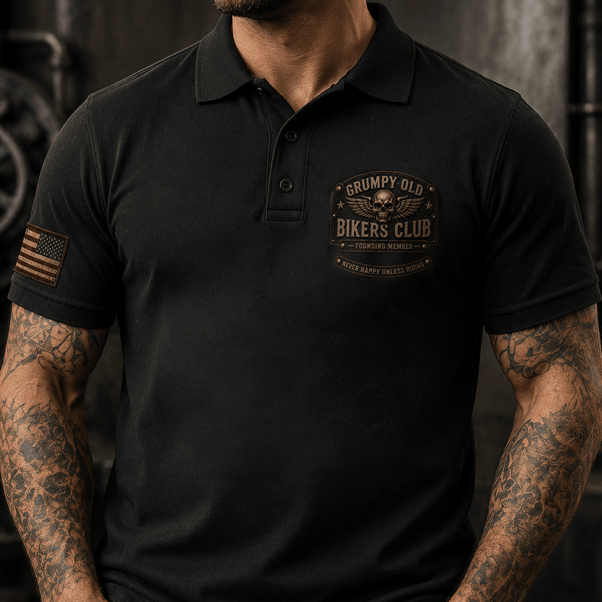 Grumpy Old Bikers Club Founding Member Printed Polo Shirt Never Happy Unless Riding Motorcycle Rider Short Sleeve Gift for Biker Dad