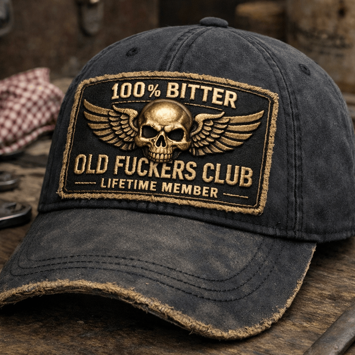 Old Fuckers Club Lifetime Member Printed Vintage Trucker Cap Skull Wings Graphic Mechanic Hat Gift for Biker Dad Motorcycle Rider