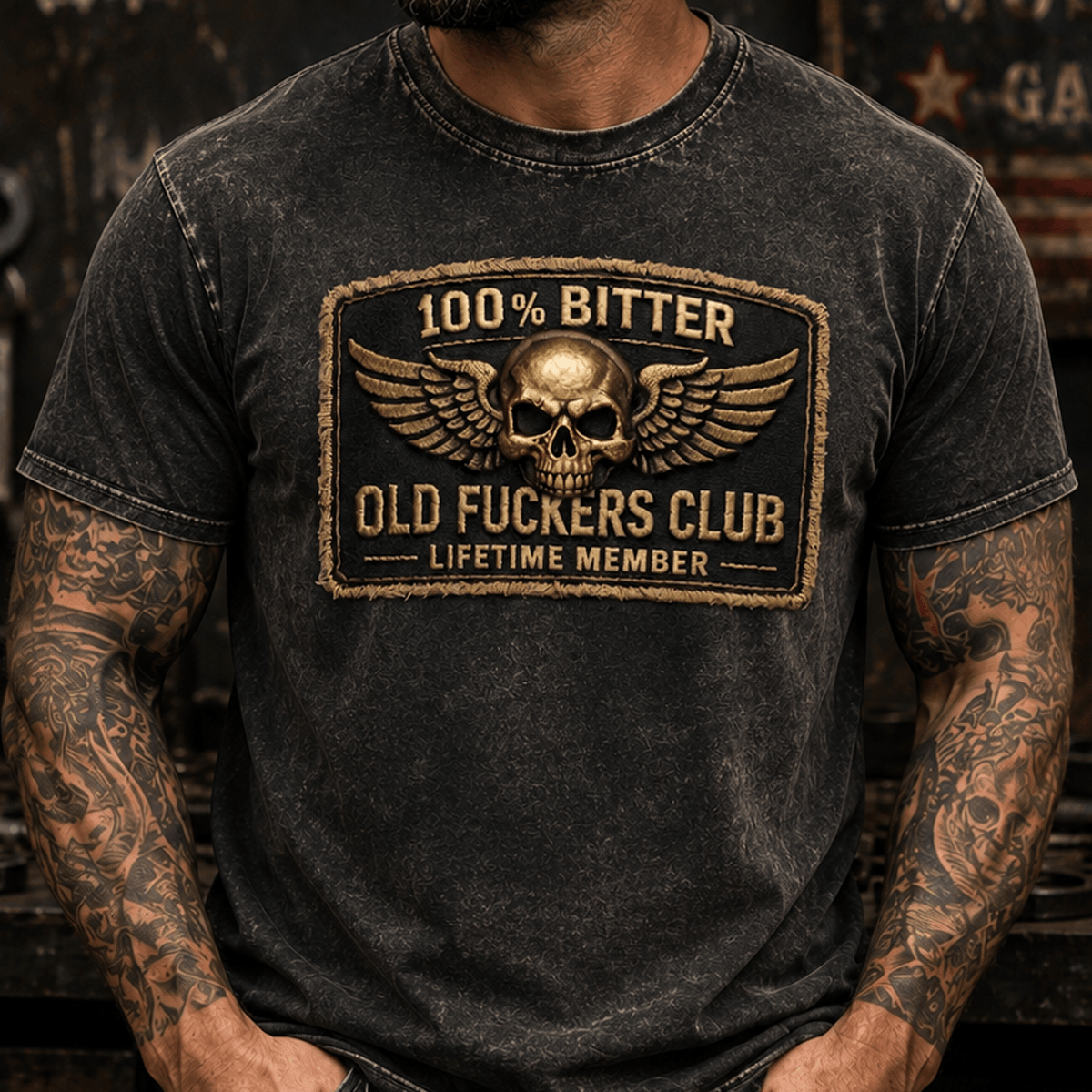 Old Fuckers Club Lifetime Member Printed T Shirt Vintage Skull Wings Graphic Mechanic Tee Motorcycle Rider Gift for Biker Dad
