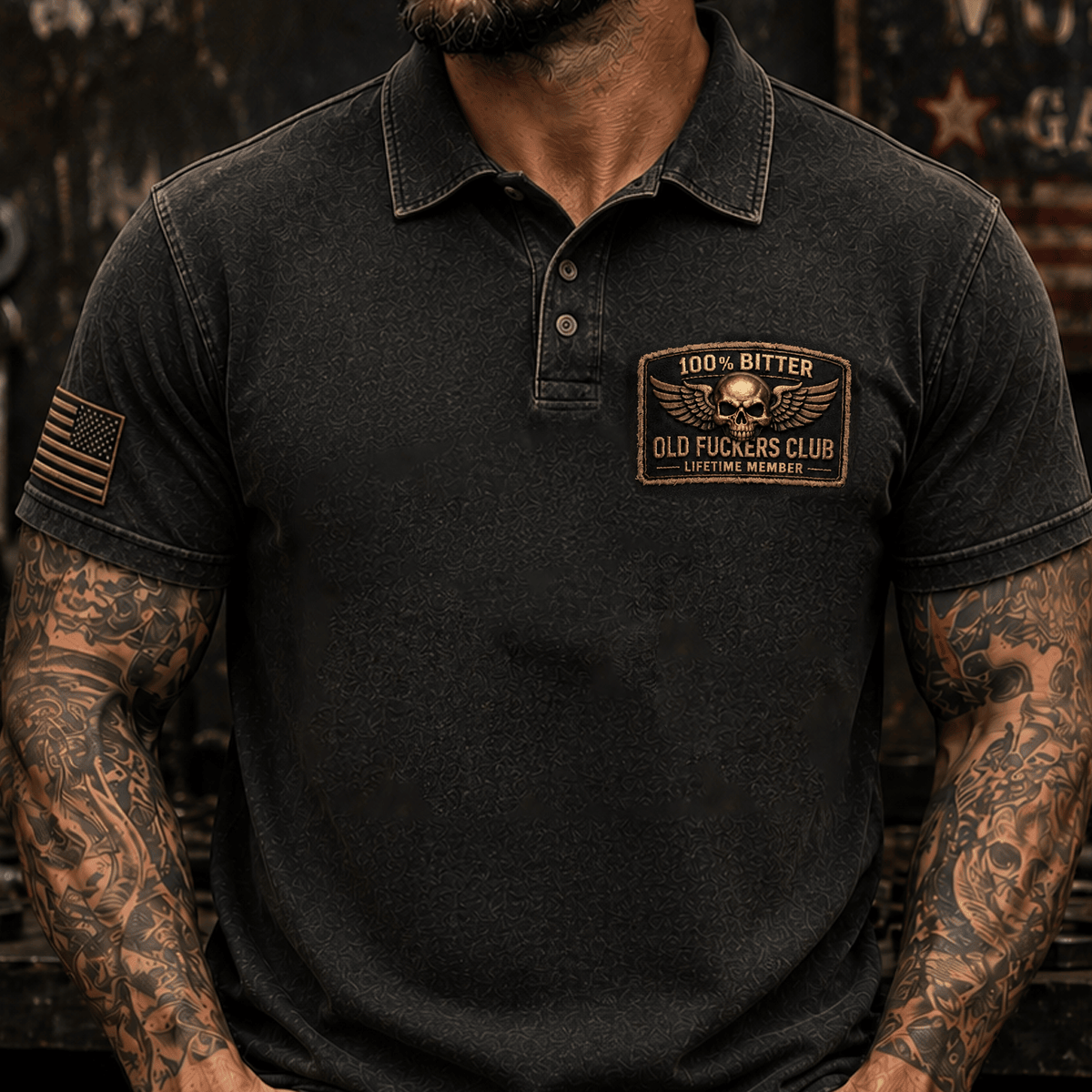 Old Fuckers Club Lifetime Member Printed Polo Shirt Vintage Skull Wings Graphic Mechanic Motorcycle Rider Gift for Biker Dad