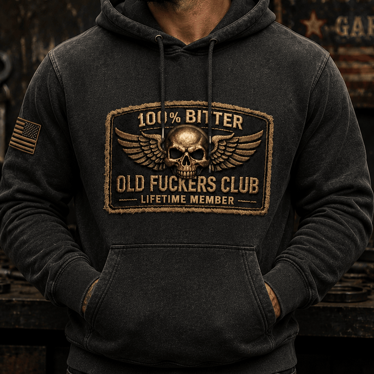 Old Fuckers Club Lifetime Member Printed Hoodie Vintage Skull Wings Graphic Mechanic Pullover Gift for Motorcycle Rider Dad