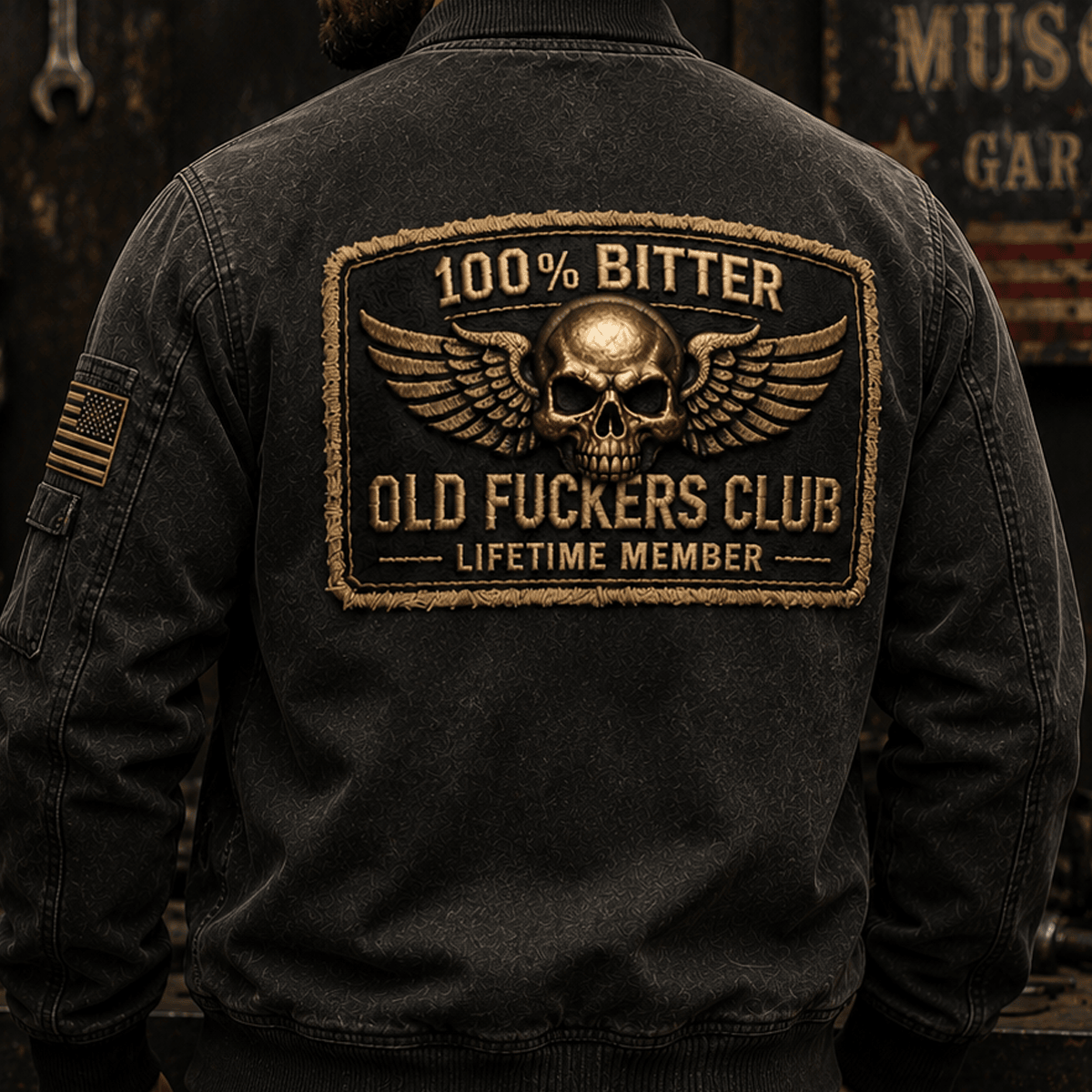 Old Fuckers Club Lifetime Member Printed Bomber Jacket Vintage Skull Wings Graphic Mechanic Motorcycle Rider Gift for Biker Dad