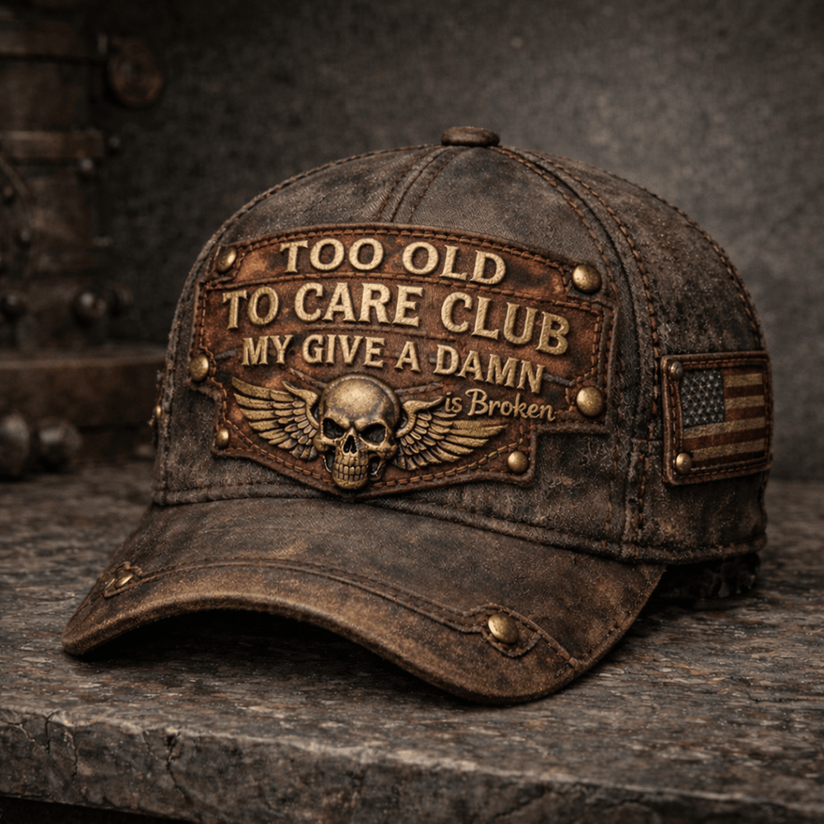 Too Old To Care Club Printed Vintage Trucker Cap My Give A Damn Is Broken Skull Wings Mechanic Hat Gift for Biker Dad Motorcycle Rider