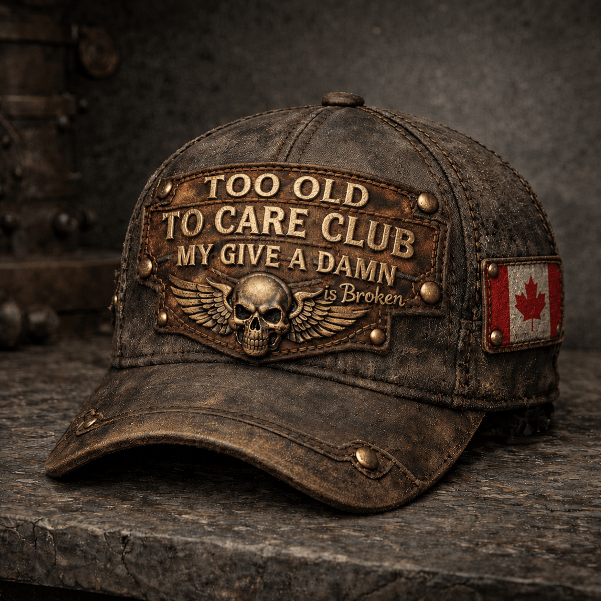 Too Old To Care Club Printed Vintage Trucker Cap My Give A Damn Is Broken Skull Wings Mechanic Hat Gift for Canadian Biker