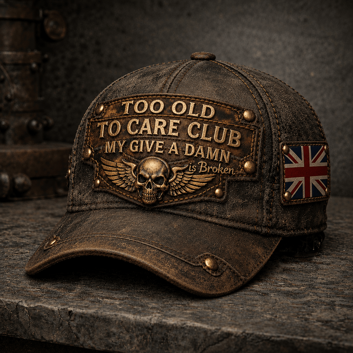 Too Old To Care Club Printed Vintage Trucker Cap My Give A Damn Is Broken Skull Wings Mechanic Hat Gift for British Biker