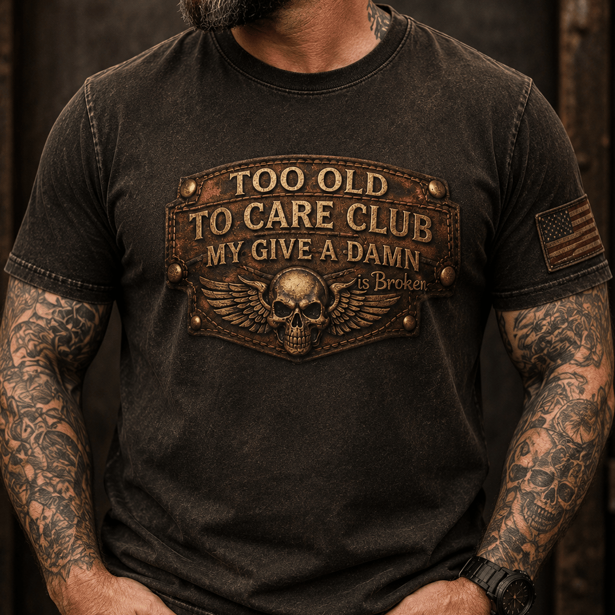 Too Old To Care Club Printed T Shirt My Give A Damn Is Broken Vintage Skull Wings Graphic Mechanic Tee Gift for Biker Dad