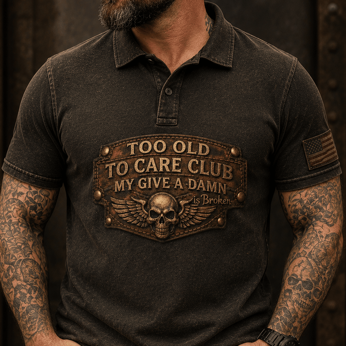 Too Old To Care Club Printed Polo Shirt My Give A Damn Is Broken Vintage Skull Wings Graphic Mechanic Gift for Biker Dad
