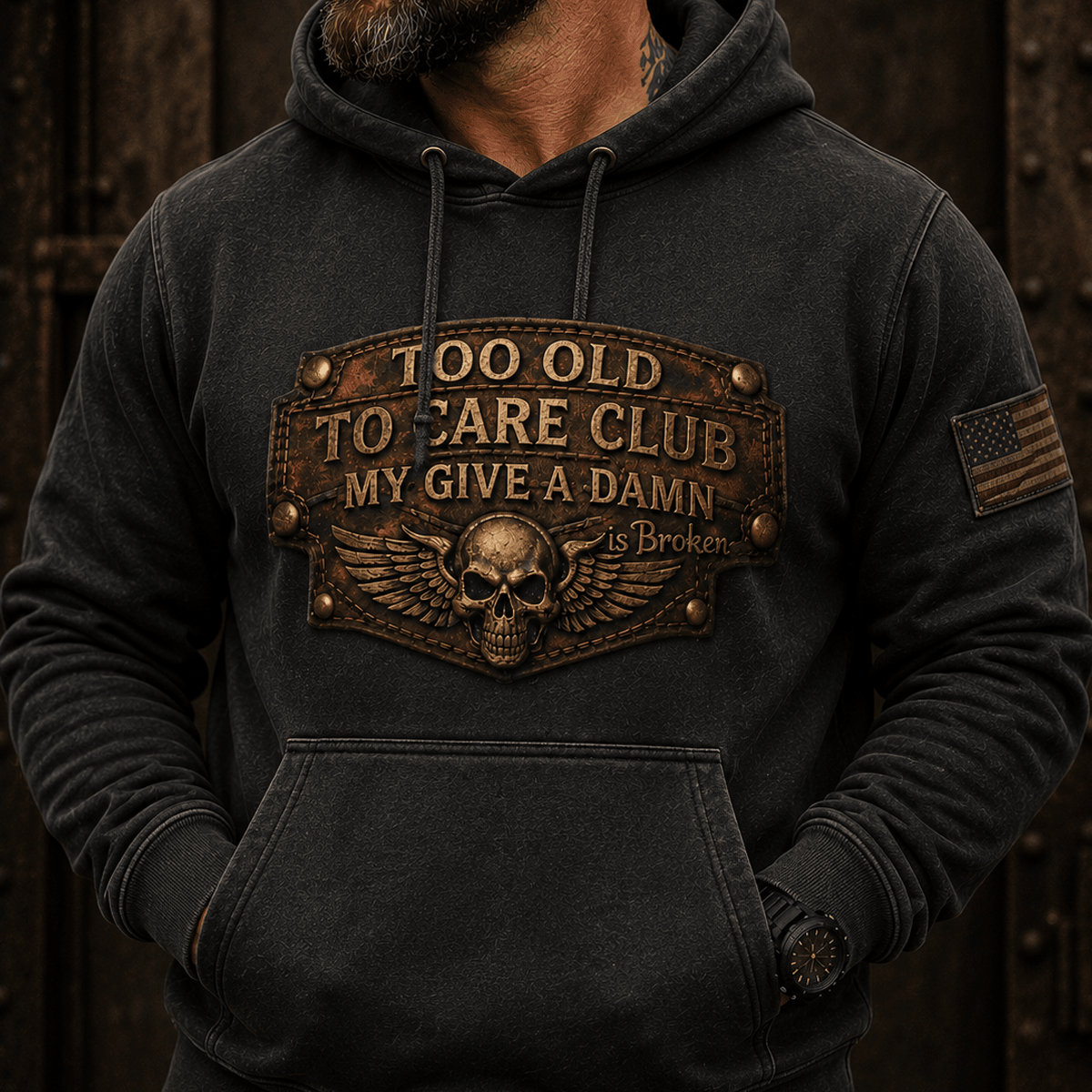 Too Old To Care Club Printed Hoodie My Give A Damn Is Broken Vintage Skull Wings Graphic Mechanic Gift for Motorcycle Rider