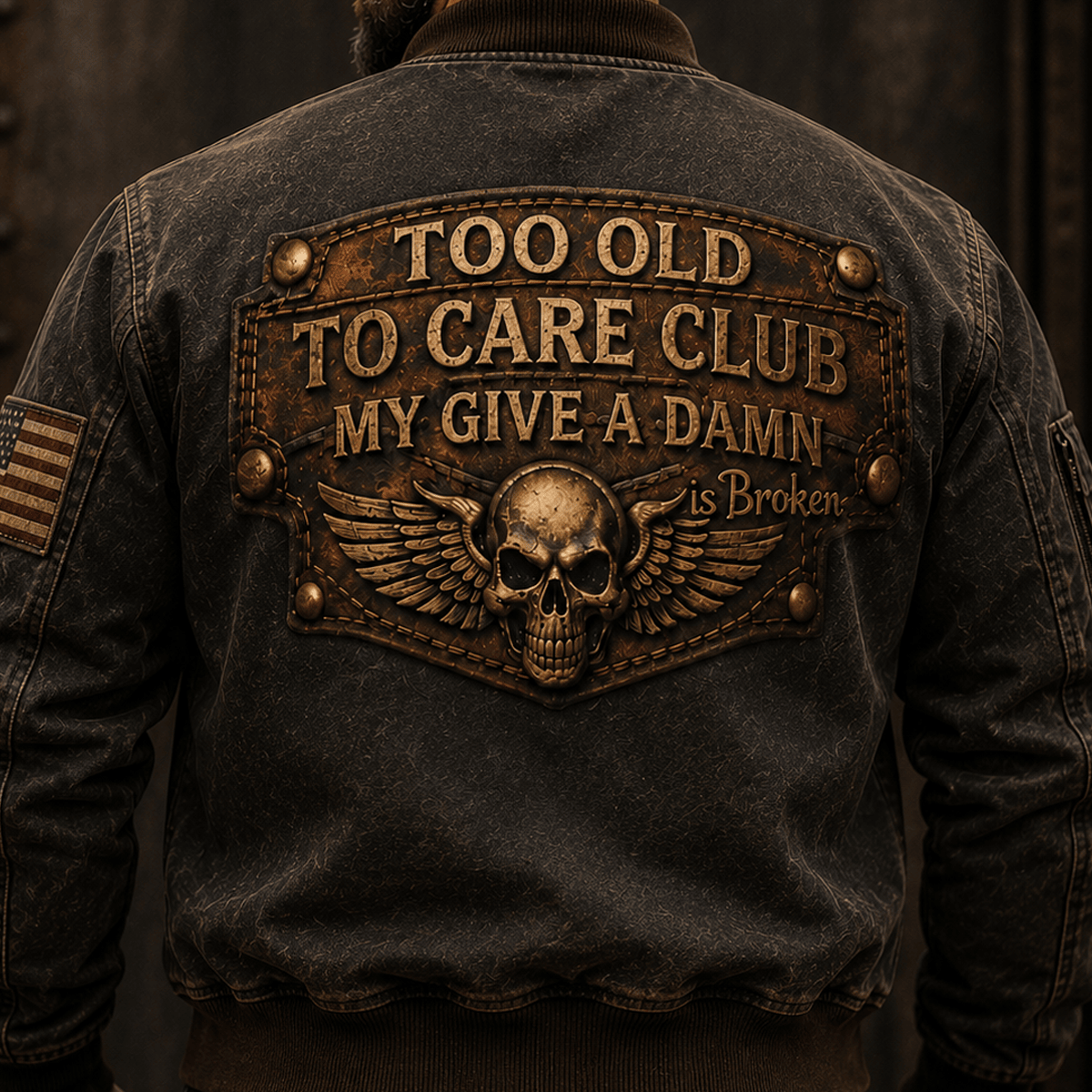 Too Old To Care Club Printed Bomber Jacket My Give A Damn Is Broken Vintage Skull Wings Graphic Mechanic Gift for Biker Dad