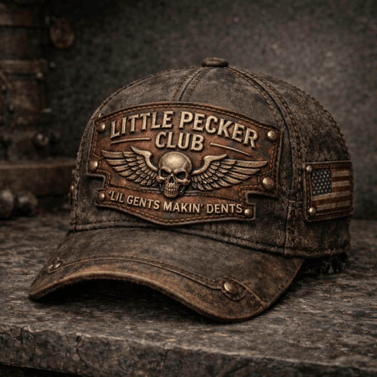 Little Pecker Club Printed Vintage Trucker Cap Lil Gents Makin' Dents Skull Wings Funny Biker Hat Gift for Dad Motorcycle Rider