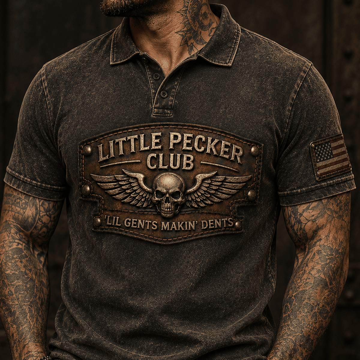 Little Pecker Club Printed Polo Shirt Lil Gents Makin' Dents Vintage Skull Wings Graphic Funny Dad Gift for Motorcycle Rider